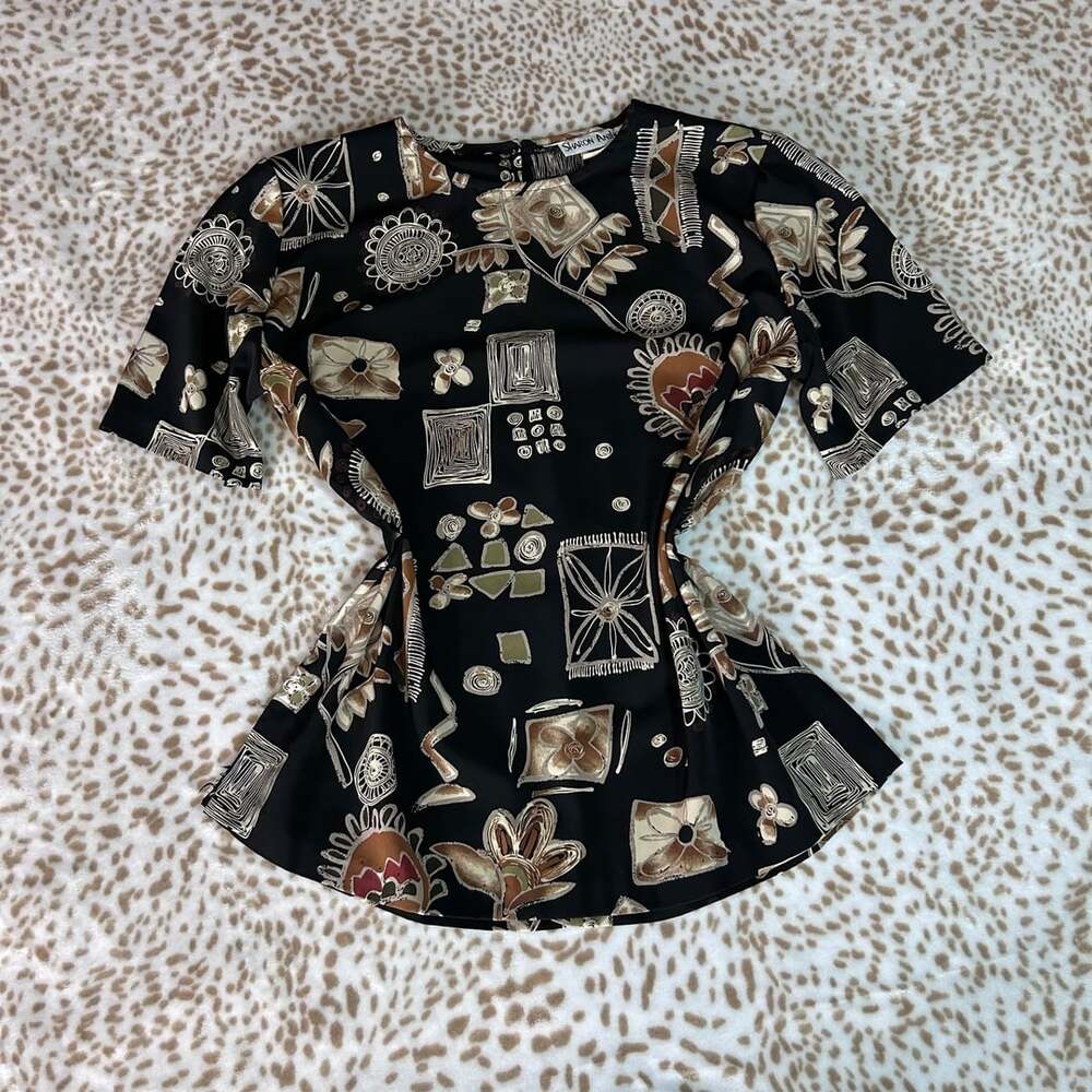 Vintage Sharon Anthony Geometric Blouse Size 6 Black Abstract Print Short Sleeve